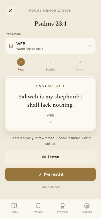 Etch guided memorization screen showing Psalm 23:1
