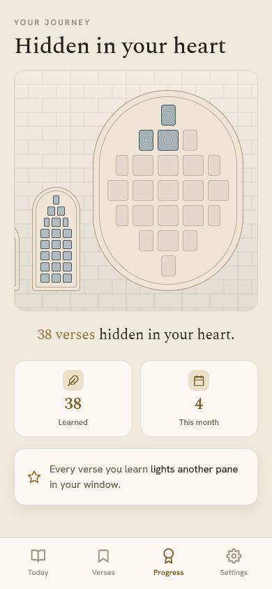 Etch progress screen with stained-glass windows that light as verses are learned